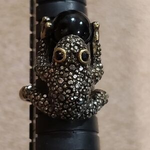 Frog Ring with Black Glass Bead, Size 6.5